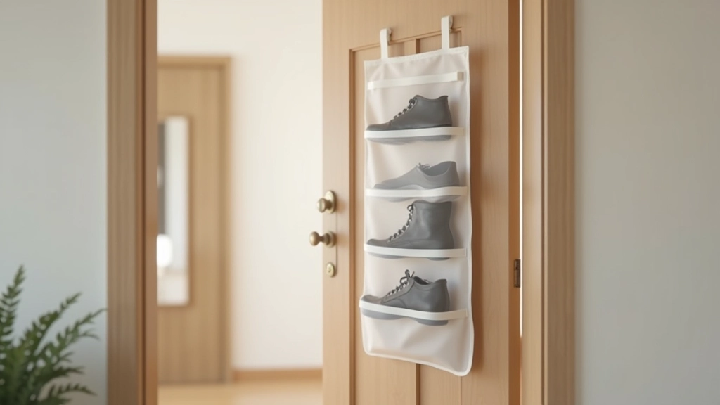 Over-the-door shoe organizer and wall-mounted accessories on entryway door