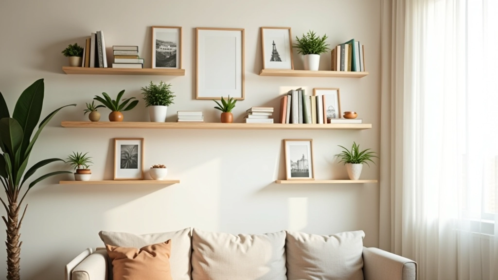 Beautifully styled living room shelves with books, potted plants, framed photos, and decorative objects arranged with intentional spacing and balance