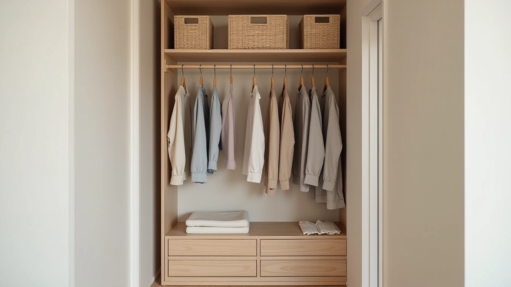 Entryway closet with vertical storage solutions and organized coat hangers