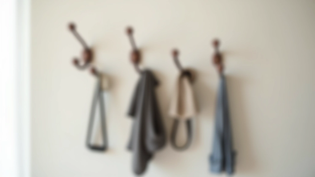 Modern entryway with multiple wall hooks at varying heights holding coats and bags
