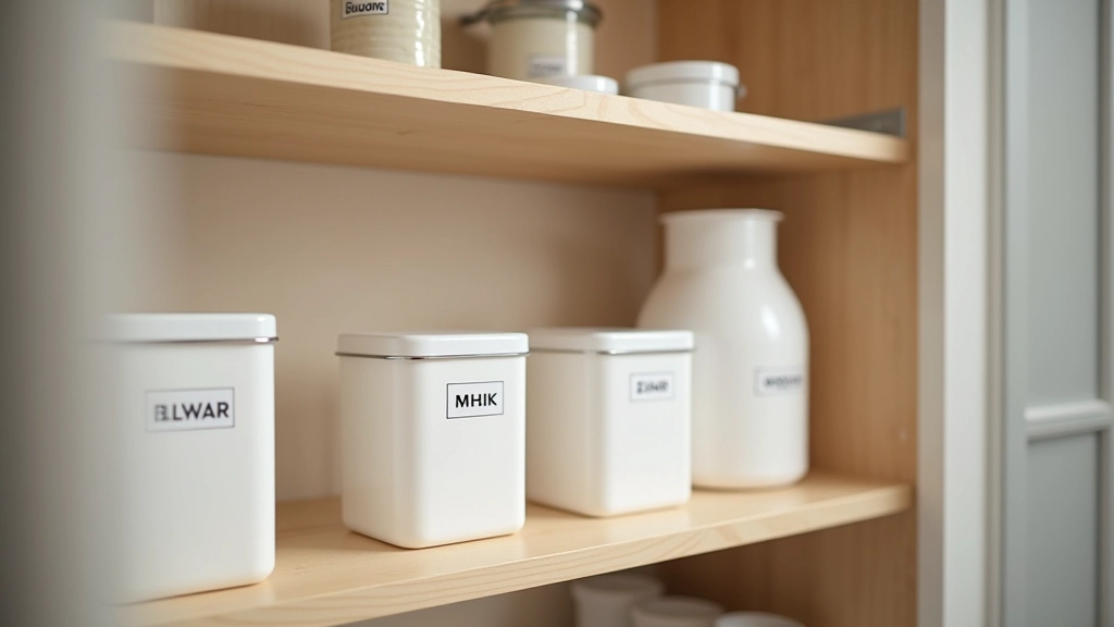Kitchen cabinet interior with labeled containers organized on multiple shelves