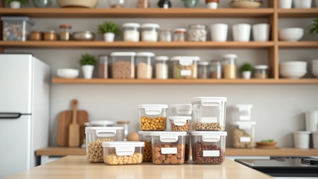 Organized kitchen with labeled storage containers stacked neatly on shelves