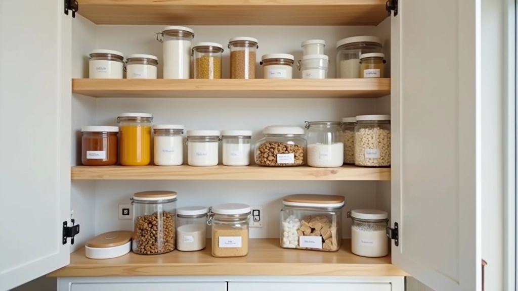 Pantry organization with labeled containers and systematic food storage arrangement