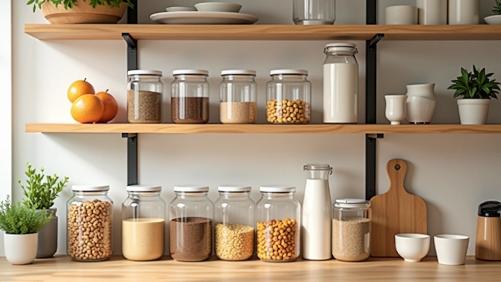 Kitchen shelving with containers grouped into organized zones