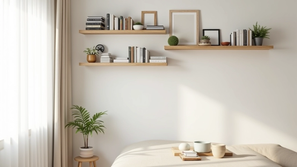 Living room corner with efficient wall-mounted shelving system and organized books