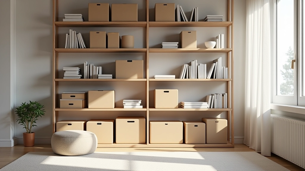 Modern organized apartment living room with wall-mounted storage and organized shelving systems