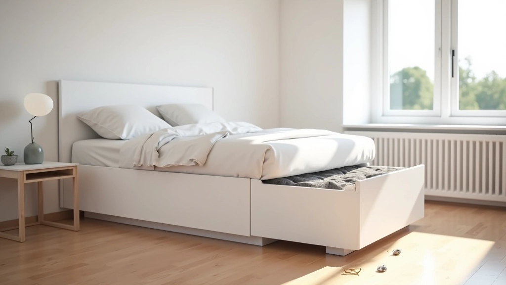 Modern apartment bedroom with custom under-bed storage drawers