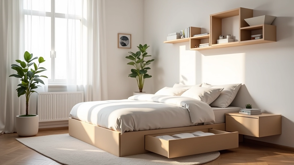 Modern bedroom with clever under-bed storage drawers and wall-mounted shelving system
