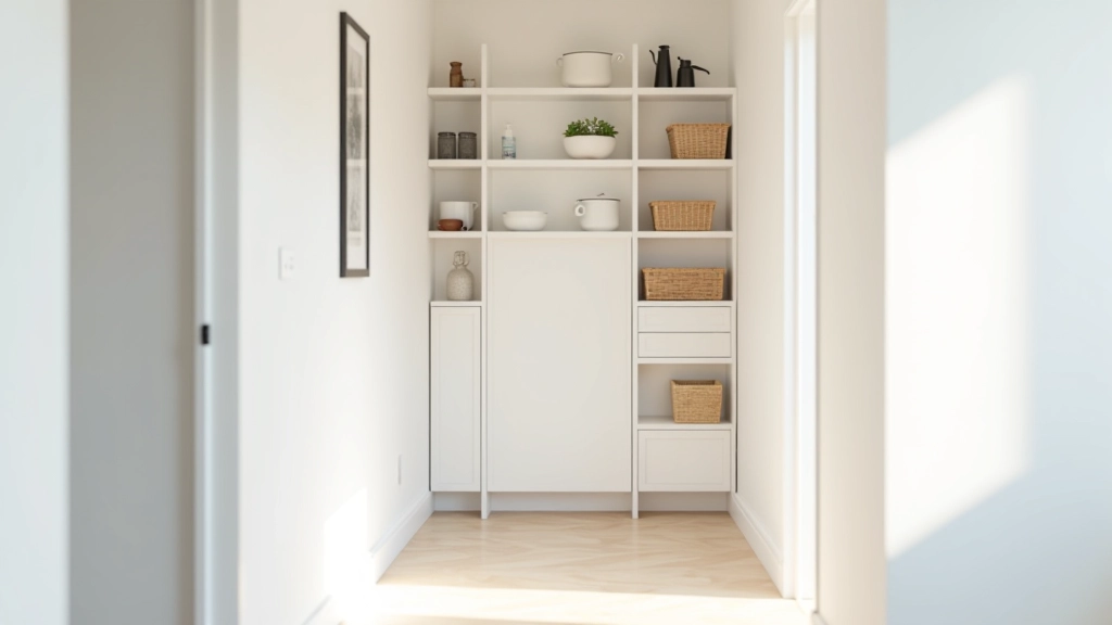 Narrow entryway with floor-to-ceiling shelving unit storing shoes, baskets, and accessories