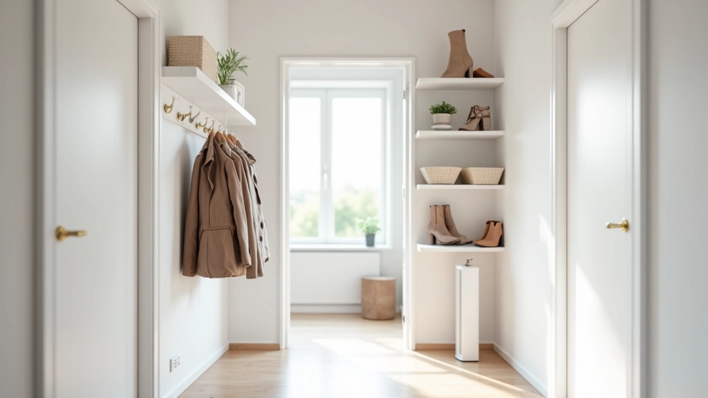 Narrow entryway with floor-to-ceiling wall-mounted shelving