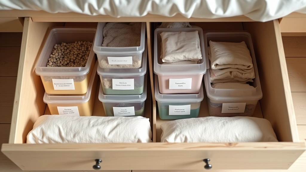 Organized under-bed storage with labeled containers arranged in a grid pattern, showing seasonal clothing and linens neatly packed