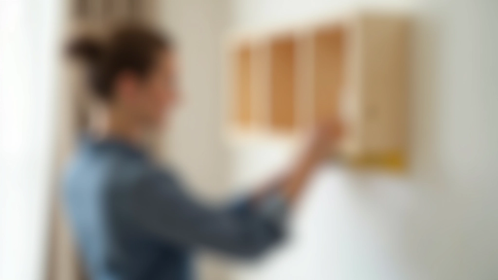 Person using a level tool to ensure proper alignment during wall-mounted shelf installation in a bright apartment space