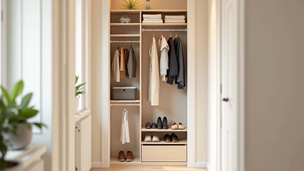 Entryway closet with vertical shoe organizers and hanging storage solutions