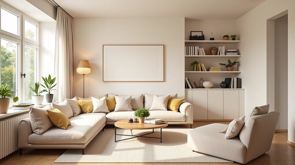Living room with organized shelving and furniture arrangement