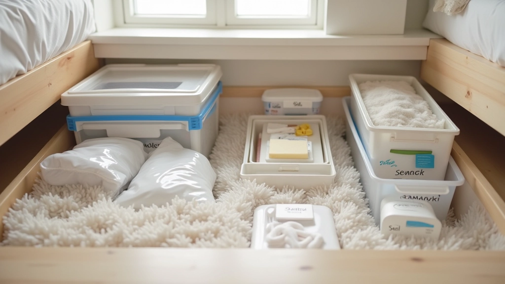 Seasonal clothing and bedding organized in vacuum-sealed storage bags and labeled containers under a bed frame