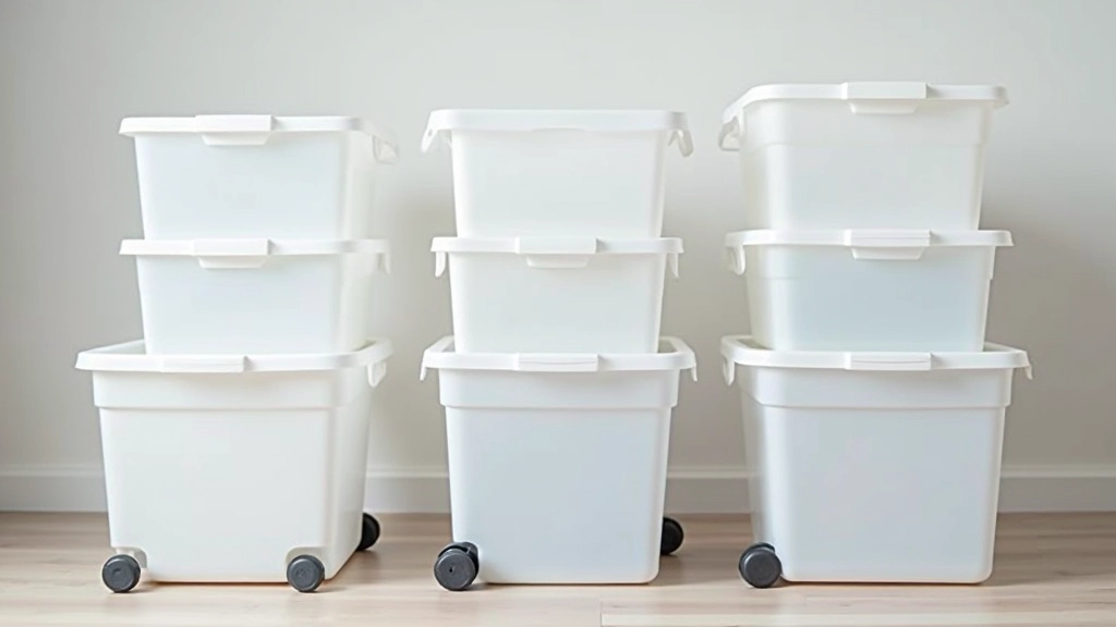 Variety of clear and opaque storage containers with wheels arranged neatly, showing different sizes and organizational systems