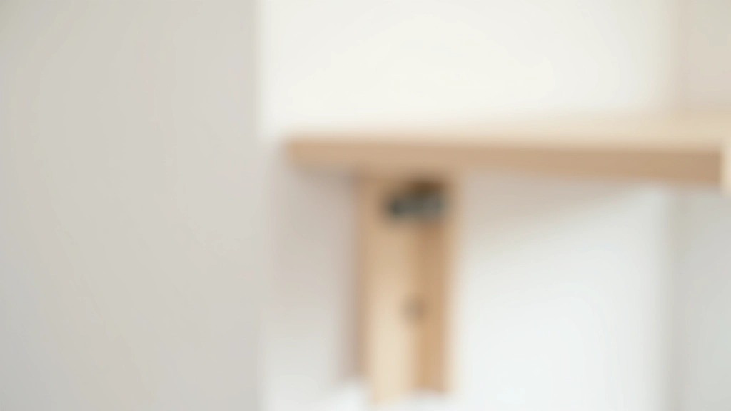 Close-up of wall-mounted shelf bracket installation showing stud finder and mounting hardware in detail